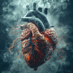 Poster - Anatomically correct human heart beating made of brains with smoke surrounding it, dark aesthetic, macabre.