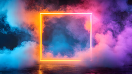 Poster - an eye-catching image of a square frame with neon lights surrounded by colorful clouds of smoke, ble