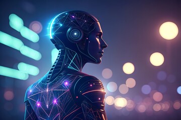 Poster - AI Awakening: Glowing robot silhouette against a blurred city lights backdrop.  A future of sentient machines.