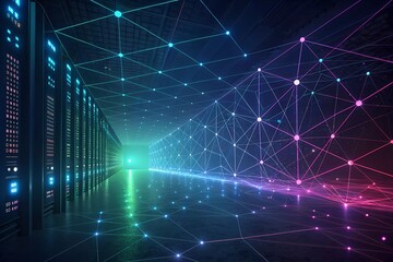 Aufkleber - Abstract data network: Vibrant glowing nodes and connections illuminate a futuristic server room, showcasing digital connectivity.