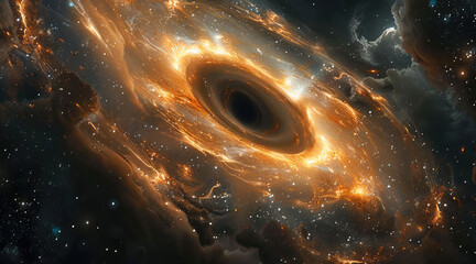 Poster - A black hole star exhibiting exaggerated and bizarre features, with intense gravitational effects and unusual star formation, set against a surreal cosmic background.