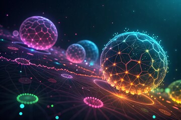 Aufkleber - Vibrant data clusters glow, forming a dynamic network across a dark, abstract background.  A mesmerizing visual.