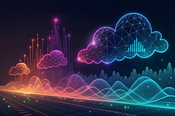 Poster - Vibrant data clusters float, glowing in a futuristic digital landscape.  A captivating visualization of cloud computing.