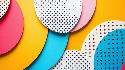Poster - Colorful abstract circular patterns on yellow background with blue and pink accents