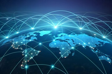 Poster - Futuristic Global Network: Illuminating Connections Across Continents. A mesmerizing visualization of interconnectedness.
