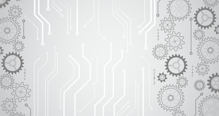 Poster - Abstract grey futuristic background consisting of gears, circles and other technological elements. Digital communication, data protection, high-tech presentation, scientific cover.