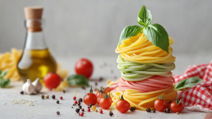 Wall Mural - Colorful Pasta Tower with Fresh Basil and Tomatoes