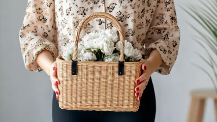 Wall Mural - A woman displays a beautiful wicker basket filled with white flowers, showcasing her style and appreciation for floral arrangements