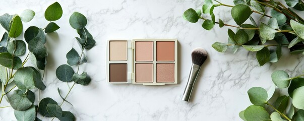 Make-up concept. Top view photo of makeup brushes contouring palette eyeshadow compact powder and eucalyptus on white marble background with empty