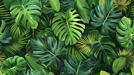 Wall Mural - Lush green tropical leaves create a vibrant, jungle-like pattern.