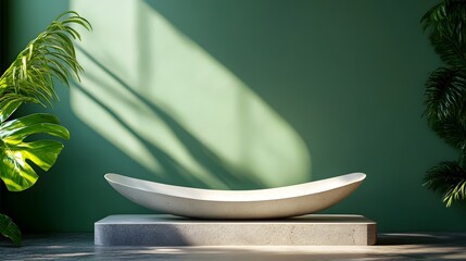 Fototapete - A curved podium against a vibrant green background, with plenty of room for showcasing a product.