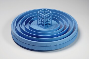 Poster - A blue 3D-rendered image shows concentric circles surrounding a cube structure, creating a visually appealing abstract design.