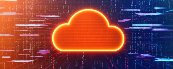 Poster - A vibrant orange cloud icon surrounded by dynamic blue and purple lines, symbolizing cloud technology and data transfer.