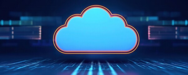 Poster - A digital cloud symbol against a dark blue background, representing cloud computing and data storage technology.
