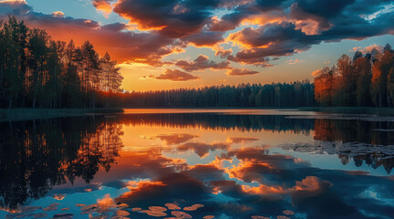 Aufkleber - A mirror-like lake reflecting vibrant sunset colors, surrounded by quiet nature, creating a sense of calm stillness.