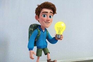 Poster - A cartoon boy with a backpack holds a bright lightbulb, symbolizing a brilliant idea or innovation.