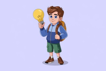 Poster - A cartoon boy with a backpack holds a lightbulb, symbolizing a bright idea or innovation.