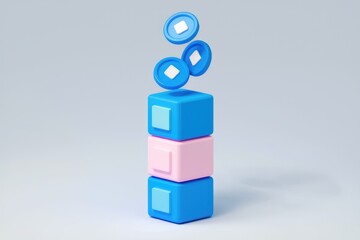 Poster - Three blue tokens falling onto a stack of blue and pink blocks.