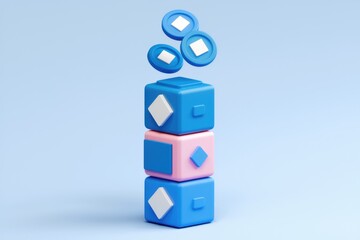 Poster - Stack of blue and pink cubes with floating blue diamond shapes, symbolizing data accumulation or progress.