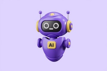 Poster - A cute purple robot with AI inscription, cartoonish 3D render.