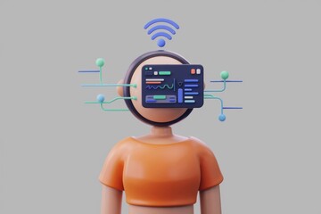 Poster - 3D illustration of a person with a digital interface connected to their head, symbolizing technology integration.