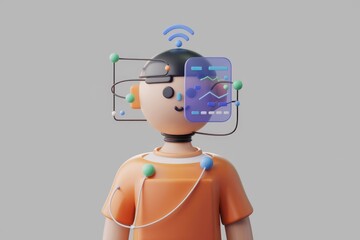 Poster - A 3D illustration of a cute robot connected to a digital interface, showcasing futuristic technology.