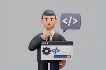 Poster - A 3D cartoon businessman contemplates code, holding a webpage with settings and code symbols.