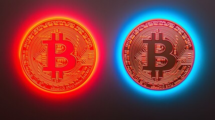 Two glowing Bitcoin coins, one illuminated in red and the other in blue, showcasing their digital currency significance in a visually striking manner.