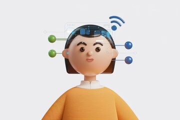 Poster - 3D cartoon illustration of a person with digital connections symbolizing technology integration.