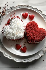 Poster - Two heart-shaped red velvet cakes with coconut and cream on a white plate, against an isolated background. A Valentine's Day celebration.