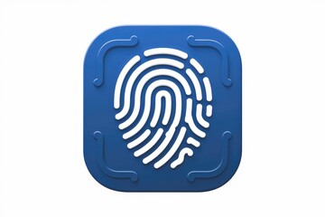 Poster - A blue square app icon displays a white fingerprint inside, symbolizing biometric security.
