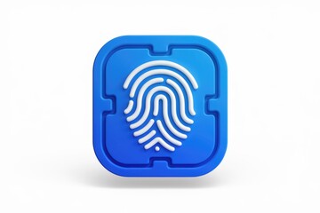Poster - Blue square button with a white fingerprint icon symbolizing biometric security and authentication.