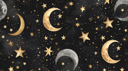 Canvas Print - a seamless pattern of gold moons and stars on a black background.