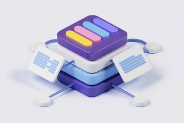 Poster - 3D illustration of data storage and connected files, showcasing data management and networking.