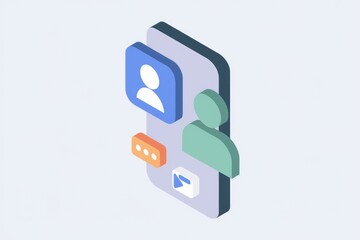 Poster - Isometric illustration of a smartphone screen displaying user profile, messages, and video player icons.