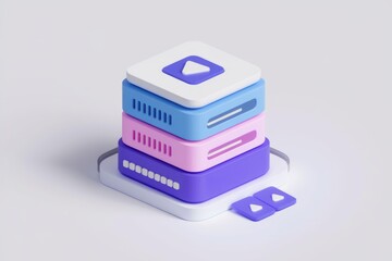 Aufkleber - A 3D illustration of a stack of servers with a play button, symbolizing video streaming infrastructure.
