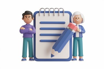 Poster - Two cartoon characters stand beside a notepad and pencil, symbolizing teamwork and note-taking.