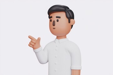 Poster - A 3D-rendered man with short black hair, wearing a white shirt, gestures with his hand, suggesting a point or idea.