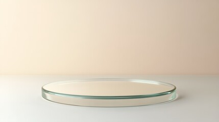 Fototapete - A reflective glass podium against a light beige gradient background, offering space for product display.