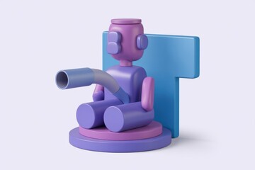 Poster - Abstract 3D render of a playful robot seated on a platform, featuring vibrant purple and blue tones.