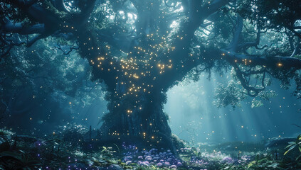 Aufkleber - A mysterious enchanted forest, thick ancient trees with glowing moss and vines, scattered bioluminescent flowers, soft mist floating near the ground, ethereal light beams breaking through the canopy.