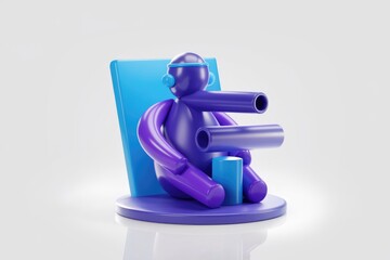 Poster - Abstract 3D render of a playful purple and blue character with tubes, sitting on a platform.