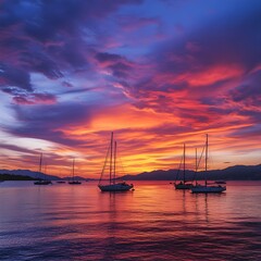 Wall Mural - breathtaking sunset over ajaccio bay with silhouette of boats