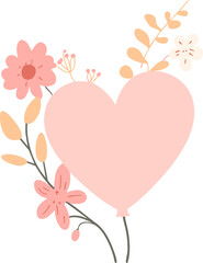 Wall Mural - Pink Heart Balloon with Flowers: A charming illustration of a pale pink heart-shaped balloon adorned with delicate pink and white flowers and leaves, perfect for Valentine's Day, Mother's Day.