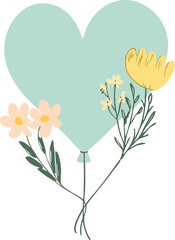 Wall Mural - Heart Balloon with Flowers: A light teal heart-shaped balloon adorned with a charming bouquet of simple wildflowers, creating a lovely and romantic illustration perfect for Valentine's Day, birthdays.