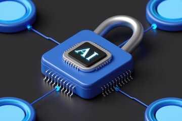 Poster - AI secured chip, connected to a network, representing data protection and AI security.