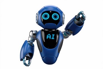 Poster - Friendly blue AI robot with glowing eyes, gesturing with one hand.