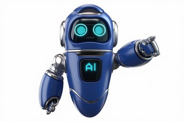 Poster - A friendly blue AI robot with glowing eyes points, symbolizing artificial intelligence and technological advancement.