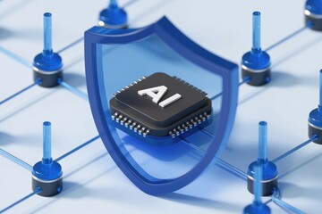 Poster - AI chip secured within a network, protected by a shield, symbolizing AI security and safety.