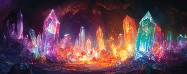 Wall Mural - a crystal cave filled with glowing gemstones of every color.